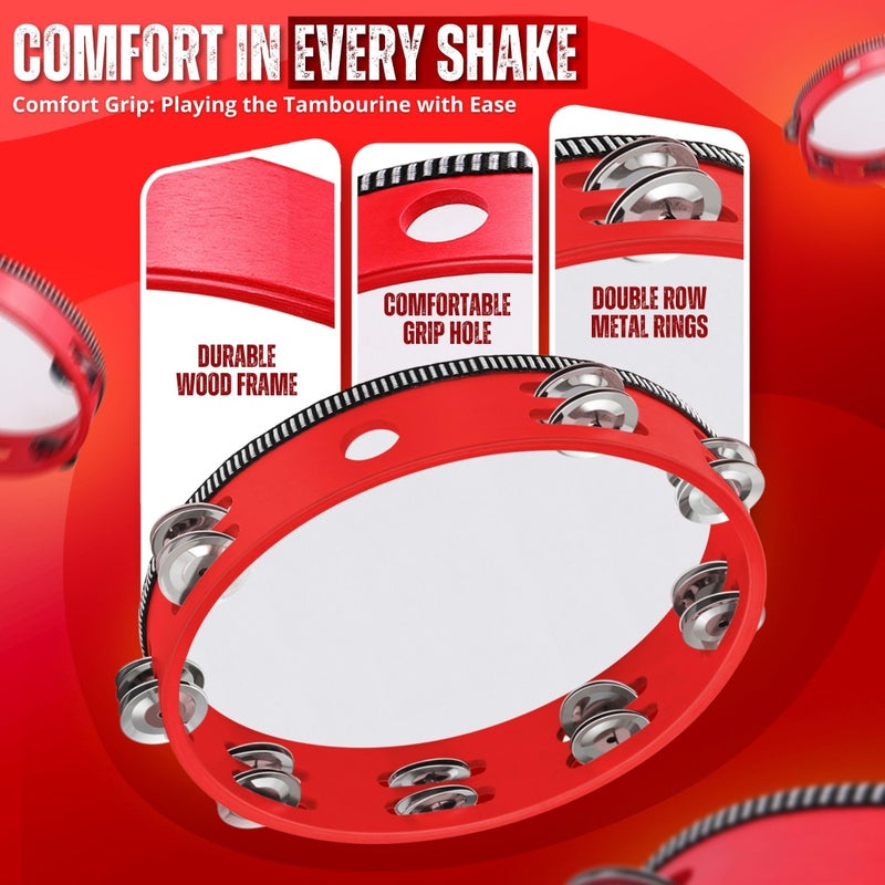 Flexzion Wood Handheld Tambourine for Adults 10-Inch Double Row 8-Pair Jingles (Red) - Percussion Round Tamborines Musical Instrument with Metal Zills - Image 5